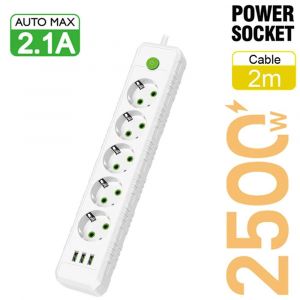 Multiprise De Courant Alternatif Avec Ports Usb,Multiprise,Rallonge De 2M,Adaptateur De Filtre Réseau,Charge Rapide,Prise Ue.F45U White.Ue Plug - Neuf