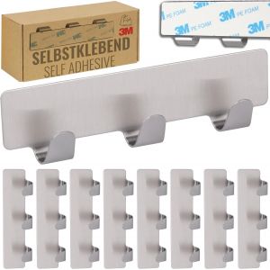 Crochet Adhesif Mural, MH020-2, Barre à Crochets avec 3 Crochets pour Cuisine et Salle de Bain, Crochet porte manteau, Patère murale, Montage sans Percage, Lot de 2, Acier Inoxydable, Argent - Neuf