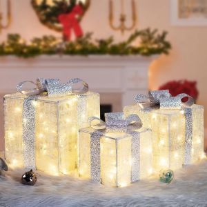Grandes Bo&icirc;tes Cadeaux Lumineuses No&euml;l, Minuterie, 8 &Eacute;clairages Lumi&egrave;re Blanc Chaud, Led D&eacute;coration Lumineuse Int&eacute;rieur F&ecirc;te No&euml;l, Grand Coffret Cadeau, 3 Bo&icirc;tes Lumineuses D&eacute;co N?ud Argent&eacute;e - Neuf
