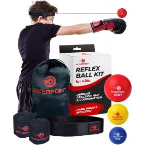 Boxerpoint Lot De 3 Balles De Boxe R&eacute;flexe Pour Enfants Avec Bandeau R&eacute;glable, Bandages Pour Les Mains, Sac De Transport Et Cordes Suppl&eacute;mentaires. Jeu Amusant Pour L'entra&icirc;nement &Agrave; La Vitesse De - Neuf