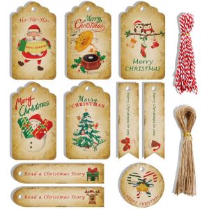 Lot de 100 étiquettes cadeaux de Noël en papier kraft, à suspendre, motifs sapin de Noël, élan et ficelle de 9,8 pouces - Neuf