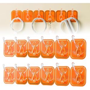 12 Pi&egrave;ces Crochet Adhesif Mural,2 Set Crochets 6 Auto Adh&eacute;sifs,Multi-usage Crochet,Attache Murale Sans Percer,Accrochage Sans Dommage,pour Bain,Cuisine,Mural,Porte (Orange) - Neuf