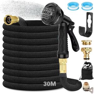 Tuyau Arrosage Extensible 30 M, Tuyau D'Arrosage Flexible Avec Raccord En Laiton 3/4' Et 1/2', Tête De Pulvérisation Avec 8 Fonctions, Avec Sac De Rangement, Pour Jardin, Camping-Car - Neuf