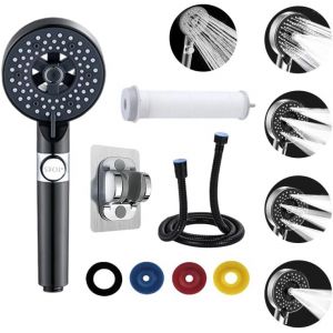 CMJAAGUR-Pomme De Douche 1 Jeu De Pomme De Douche Plus 4 Morceaux De Coton Pp 4 Joints D&eacute;conomie Deau Tuyau De 1,5 M Et 1 Support De Pomme De Douche Tuyau Douche Pommeau Noir 5 Modes R&eacute;glabl[M2666] - Neuf