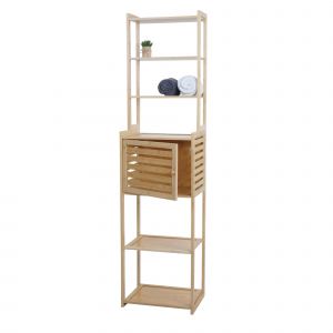 &Eacute;tag&egrave;re en bambou HWC-O74, armoire de salle de bain, porte avec compartiments de rangement 165 x 42 x 30 cm - Neuf