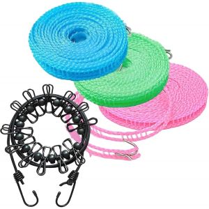 KALANKA-4 Cordes &agrave; Linge de Camping, Corde &agrave; Linge Portable, &eacute;lastique, R&eacute;glable avec 12 Clips pour Le Camping, Les Voyages, Le Linge, Le S&eacute;chage en Plein Air Bleu/Vert/Rose/Noir - Neuf