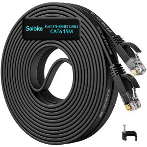 KALANKA-Cable Ethernet 15m, Cat 6 Câble Réseau RJ45 Plat 15 Mètres Haut Débit Fibre 1000Mbit/s, Fil Ethernet Extérieur/Intérieur Gigabit Noir Cable LAN Internet pour Switch Routeur - Neuf