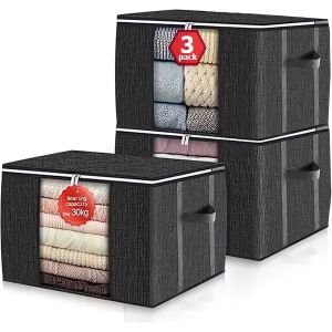 Yemaesre-Lot De 3 Sac De Rangement Vetement 90l, Boîte De Rangement Sous Lit Pliable, Housse Rangement Couette Organisateur De Placard, Fenêtre Transparente En Tissu Solide Pour Les Vêtements - Neuf