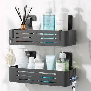 Lot de 2 &eacute;tag&egrave;res de douche sans per&ccedil;age - En acier inoxydable - Avec crochets amovibles - S&eacute;chage rapide - Sans per&ccedil;age - Noir - Neuf