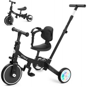 Subzonal-Tricycle 5 En 1 Pour Enfants De 18 Mois &Agrave; 5 Ans, Avec Roues Clignotantes, Tricycle Avec Barre De Pouss&eacute;e, Dossier Et Ceinture De S&eacute;curit&eacute;, Cadeau, V&eacute;lo Sans P&eacute;dales, Noir - Neuf