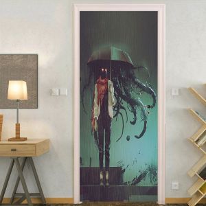 Autocollants de porte 3D pour Halloween, motif fille parapluie, 76 x 203 cm, réalistes, pour décoration d'Halloween, fête, décoration d'intérieur - Neuf