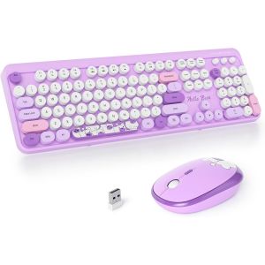 Ensemble Clavier Et Souris Sans Fil,Clavier De Machine À Écrire,2.4Ghz Clavier De Machine À Écrire À Touches Rondes Avec Pavé Numérique,Clavier De 104 Touches(Américain Qwerty)(Bear Pink) - Neuf
