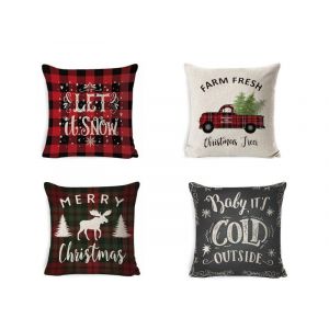 Housse De Coussin Imprim&eacute;e De No&euml;l 45 Cm X 45 Cm, Mod&egrave;les 2, 4, 6, 8, Lin, Fermeture &Eacute;clair, Lot De 4 - Neuf