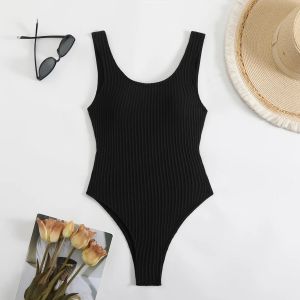 Maillot De Bain Une Pièce Côtelé Slim Dos Nu Pour Femme, Coupe Échancrée, Tailles S À Xl - Neuf