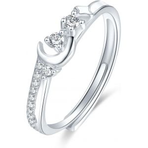 Kahfl-Bague Réglable En Argent Sterling 925 Avec Pierre De Lune Et Étoile Qui Brille Dans La Nuit-Bague D'amitié Pour Femme-Taille 53-60 Mm - Neuf