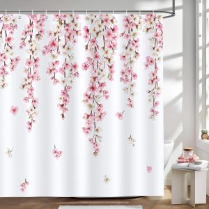 UAA-Rideau de Douche Fleurs Cerisier Rose Sakura Printemps Rideau de Bain Tissu Polyester Anti Moisissure Imperméable Lavable Rideaux Salle de Bain 180 x 180 cm avec 12 Crochets pour Baignoire - Neuf