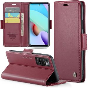 Kal-Coque Pour Xiaomi Redmi Note 11 4g/Note 11s+ 2 Pi&egrave;ces Verre Tremp&eacute;,Antivol,Prend En Charge Le Chargement Sans Fil, Pochette Fermeture Magn&eacute;tique Flip Case-Bourgogne - Neuf