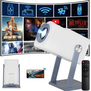 Vidéoprojecteur Mini Projecteur Portable TV 4K HD 1080P WiFi 6 & BT5.0, Android 11, Correction Automatique Verticale + Haut-Parleurs, retroprojecteur Rotation 360°, Projecteur Video Compatible Netflix - Neuf