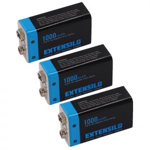 EXTENSILO 3x Piles bloc batterie 9V compatible avec Daitem SP 150-21X - 03/07 (1Ah, 9V, Li-ion), pr&ecirc;te &agrave; l'emploi, avec micro-USB - Neuf