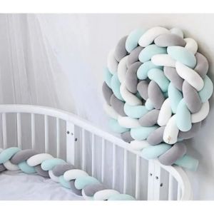 4m Bébé Tour De Lit Coussin Serpent Coussin Tressé Pare-Chocs Velours Protection Bébé Blanc+Gris+Vert - Neuf