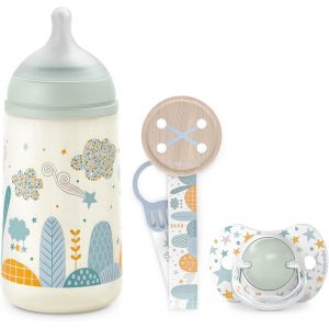 Kalanka-, Coffret Cadeau Nouveau-Né Sx Pro, Pour Bébés 0-6 Mois. Contient Un Biberon Débit Moyen (M) 270 Ml + Sucette Sx Pro En Silicone 0/6 Mois + Attache - Sucette Avec Ruban. Coffret Biberon Bleu - Neuf
