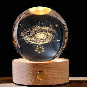 Boule De Cristal 3d Du Système Solaire - Veilleuse Led Avec Base En Bois Pour Chambre D'enfant - Neuf