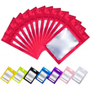 Cmws-100 Pcs Sachets Zip Aluminium Avec Fen&ecirc;tre, Pochon Zip Herm&eacute;tique Avec Trou De Suspension, Sac Mylar Refermable Transparent Pour Emballage Et Stockage Des Aliments, Objets (Rouge, 10,5x15 Cm) - Neuf