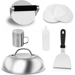Ulteronixshop-Smashed Kit de presse &agrave; hamburger, 6 pi&egrave;ces de presse &agrave; hamburger, spatule en m&eacute;tal, d&ocirc;me de fusion de fromage, 100 feuilles de papier &agrave; galettes de cire, bouteilles compressibles, kit - Neuf