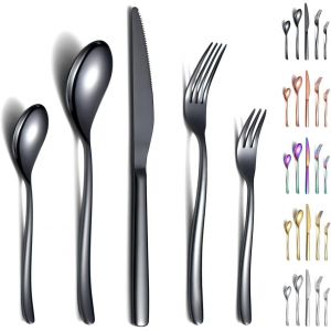 Checarzhn--No1-Ensemble De Couverts Noirs 30 Pièces, Fourchettes Et Cuillères En Acier Inoxydable Robuste Plaqué Titane Noir Ensemble D'ustensiles Résistant À La Rouille, Lavable Au Lave-Vaisselle - Neuf