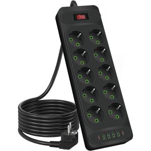 EU Multiprise 8 Prises 2500W avec 2 Port USB C,4 Port USB A et avec Interrupteur Cordon 5.9FT C&acirc;ble d'extension Multi Prise pour Smartphone Tablette multiprise Bureau avec Interrupteur- Noir - Neuf