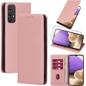 SJZG-Coque Cuir Pour Samsung Galaxy A32 5G 6.5"" Avec 1 Verre Tremp&eacute; Etui &Agrave; Rabat En Pu Porte-Cartes Portefeuille Support Flip Housse Magn&eacute;tique Antichoc Anti-Rayures Case,Rose_Gold - Neuf