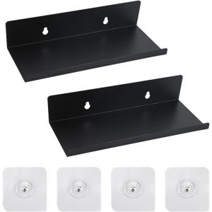 CAUC-Autocollante Petite Etagere Murale Noir en M&eacute;tal 10x20x4cm, 2pcs Etagere Flottante Murale Salle de Bain,Sans Percer Mini Etagere Cuisine Murale ,Etag&egrave;res Muralespour pour Lavabo ,Toilette Charge - Neuf