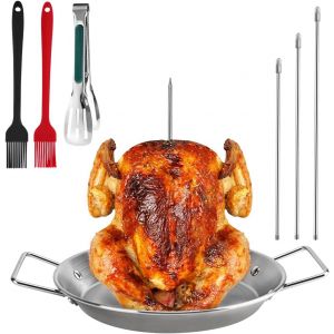 Ulteronixshop-Pic &agrave; kebab vertical pour kebab - Plaque de kebab et brochette - Plaque gyros pour barbecue - Avec 3 pointes amovibles - 2 brosses - 1 pince &agrave; barbecue pour poulet entier, saucisse, poisson - Neuf