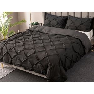 Parure De Lit 3 Pi&egrave;ces Avec Housse De Couette Pliss&eacute;e King Size Noire Et Taies D'oreiller - Neuf