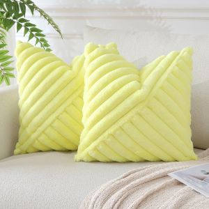 Tianyi-Housses De Coussins En Peluche En Fausse Fourrure D&eacute;coratif Canap&eacute; Taie D'oreiller &Agrave; Rayures Doux Decoration Pour Maison Salon Chambre D&eacute;coration 45x45cm Lot De 2 (Jaune Citron) - Neuf