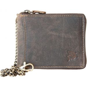 Rfid Portefeuille Homme Brun En Cuir Avec Une Fermeture &Eacute;clair M&eacute;tallique Circulaire, En Cuir Naturel, Avec Cha&icirc;ne En M&eacute;tal Et Un Requin - Neuf