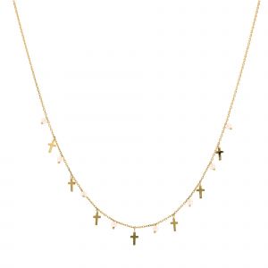 Collier Argent Dor&eacute; Croix Et Pierres Naturelles Opale Rose - Neuf