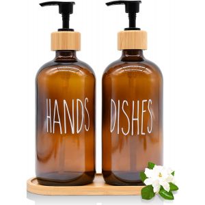 TIANYI-Ensemble Distributeur de Savon Liquide en Verre de 473,6 g avec Plateau en Bois pour décoration d'évier de Cuisine, Salle de Bain, Flacon Distributeur de Savon en Verre Rechargeable avec Pompe - Neuf