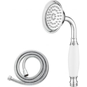 Classic Douche &agrave; Main, Pomme de Douche Traditionnelle de Style T&eacute;l&eacute;phonique, Douche &agrave; Main Victorienne Avec Poign&eacute;e en C&eacute;ramique, Tuyau de 1,5 m Inclus, Chrom&eacute; (C&eacute;ramique Blanche) - Neuf