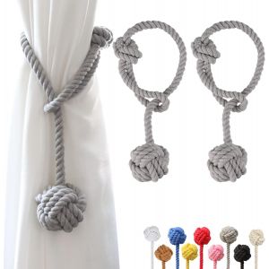 Lot de 2 embrasses de rideaux grises avec grande boule de coton tissée à la main pour rideaux d'extérieur - Neuf