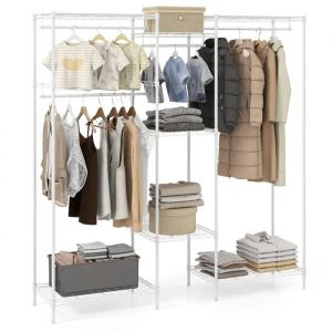 COSTWAY Armoire Portable en M&eacute;tal avec 7 &Eacute;tag&egrave;res M&eacute;talliques R&eacute;glables & 4 Barres de Suspension pour Chambre, Salle de Bain Blanc - Neuf