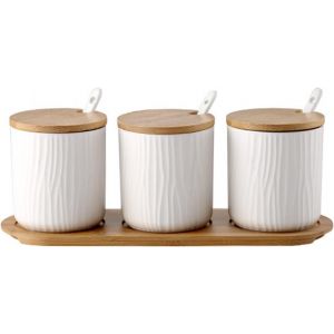 Lot De 3 Pots &Agrave; &Eacute;pices En C&eacute;ramique Avec Cuill&egrave;re Et Couvercle En Bambou-300 Ml-Pour Sucre,Fromage,Sel,&Eacute;pices - Neuf