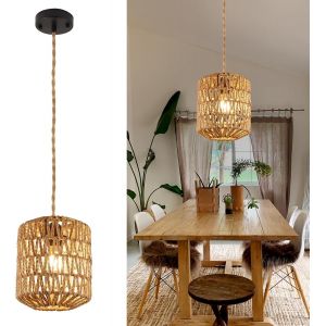 Subzonal-Lustre En Rotin, Lampe Suspension Vintage E27, Luminaire Plafonnier En Rotin Pour Salon, Cuisine, Chambre, Caf&eacute;-Bar - Neuf