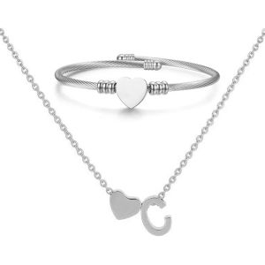 Kal-Collier Pendentif Lettre Initiale Personnalisée Femme Collier Initiale Coeur Bracelet Coeur Ouvert Ajustable Bracelet De Manchette En Acier Inoxydable A-Z Pendentif Collier Femmes Filles - Neuf