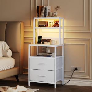 SUBZONAL-Table de Chevet Haute Blanche avec 4 &eacute;tag&egrave;res, 2 tiroirs en Tissu PU et Bande Lumineuse LED, Tables de Chevet avec Station de Recharge, Table de Chevet pour Chambre &agrave; Coucher - Neuf