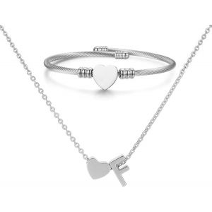 Kal-Collier Pendentif Lettre Initiale Personnalisée Femme Collier Initiale Coeur Bracelet Coeur Ouvert Ajustable Bracelet De Manchette En Acier Inoxydable A-Z Pendentif Collier Femmes Filles - Neuf