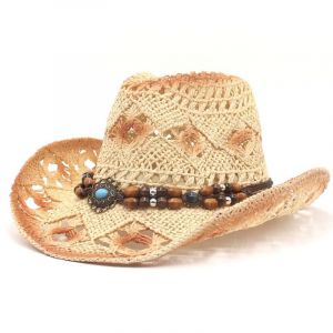 (Begie)Unisexe Creux De Paille Chapeau De Cow-Boy, Large Bord De Cow-Boy Chapeau De Soleil Avec Perle De Bande - Neuf