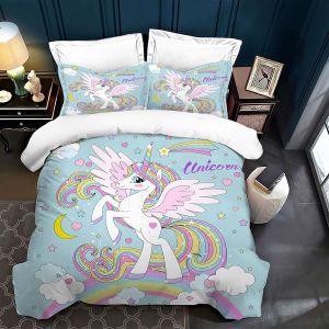Tzf-Licorne Rose Fille Literie Set,Cartoon Licorne Motif Enfants Housse De Couette,Arc-En-Ciel Nuages Et Chevaux Licorne Housse De Couette (135 X 200 Cm, C) - Neuf
