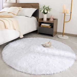 Tianyi-Tapis Rond Salon Shaggy Descente De Lit Chambre Grande Taille Tapis Moelleux Carpette Pour Chambre Tapis Décoratif De Style Moderne Pour Salon Chambre Canapé Natte(Blanc,Ø 150 Cm Rond) - Neuf