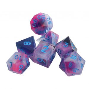 Kit de 7 des polyedriques en resine coloree, motif ciel etoile, pour jeu de table, police bleue - Neuf